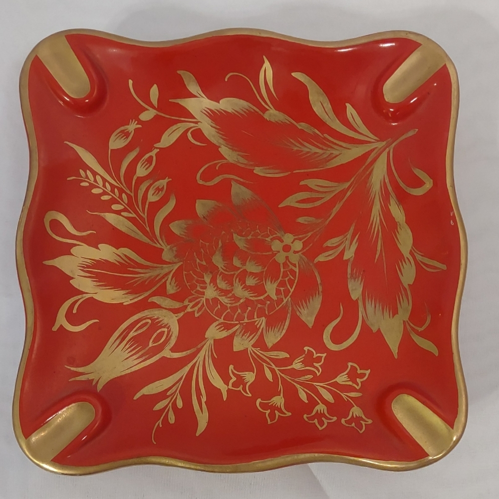 Vintage 1960's Dark Orange/Red and Gold Decorative Large Ashtray KB Creations